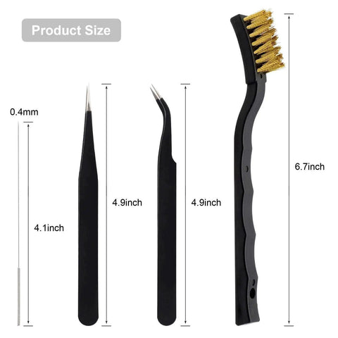 3D Printer Nozzle Cleaning Kit 13 Piece Set With 0.4mm Cleaning Needles, Precision Tweezers, And Copper Wire Brush, product sizes shown