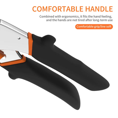 Close-up of comfortable handle on multi-angle miter shear cutter set adjustable 45 to 135 degrees for quarter round molding, trim, PVC.