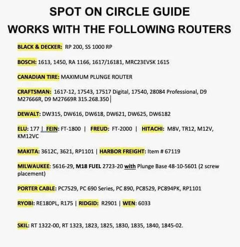 Compatibility list for Circle Cutter Router Jig for precise circle cuts from seven to fifty two and three quarters inches