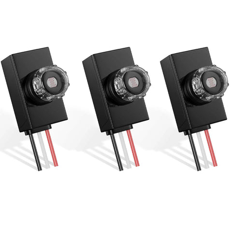 Three black 3 Piece Dusk To Dawn Sensor Switch For Outdoor Lighting 120 277V IP65 Waterproof Photo Cell Automatic On Off Energy Saving