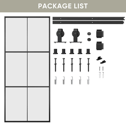 36x84 Inch Glass Sliding Barn Door Kit With 6Ft Hardware Black Aluminum Frame Clear Tempered Glass 3 Panel