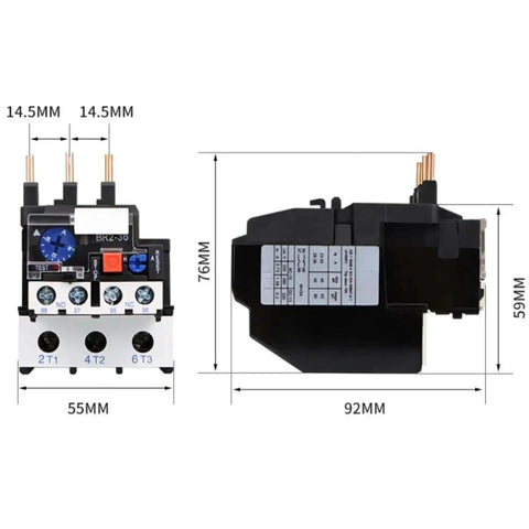 NR2-36 electric thermal overload relay for motors 23 to 32A, front and side view with dimensions and technical specifications.