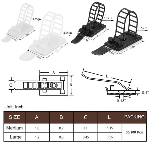 Diagram of Adhesive Cable Clips and Zip Ties Kit With 50Pcs Zip Ties, 50Pcs Clips, Adjustable Nylon Cable Straps dimensions.