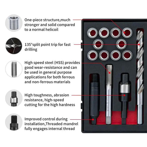 M12X1.75 Thread Repair Kit With Stainless Steel Inserts Drill Tap Counterbore And Install Driver 10 Pcs in EVA Box
