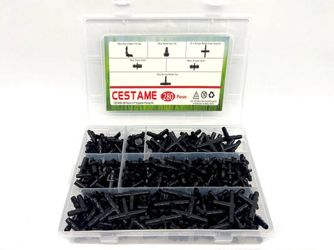 280-piece barbed irrigation fittings kit in clear storage case; black 1/4 in tubing fittings, assorted straight/tees/elbows.