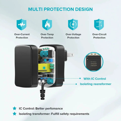 Universal AC DC Power Adapter 12W With 8 Tips 5.5x2.1mm And 5.5x2.5mm Micro USB Output For Routers showing protection design