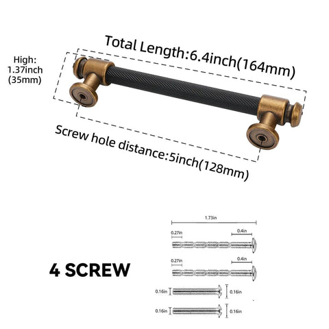 10 Pack 5 Inch Black And Antique Brass Kitchen Cabinet Handles Knurled Cabinet Pulls, with measurements and screws included.