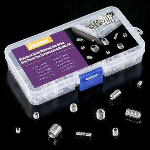 Stainless Steel Allen Head Socket Grub Screw Set With 350 Pieces In 10 Sizes M3 To M8 Internal Hex Drive Cup Point Screws Kit