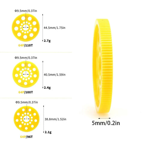 64P 96T spur gear for 1 To 10 on road RC cars in yellow plastic, side view with size comparison to 64P 100T and 110T gears.