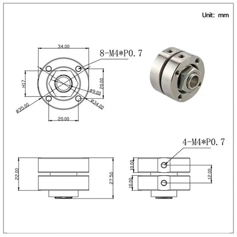 Front view of stainless steel disc torque hinge with through-wire hole damper; circular mounting plate with M4 holes.