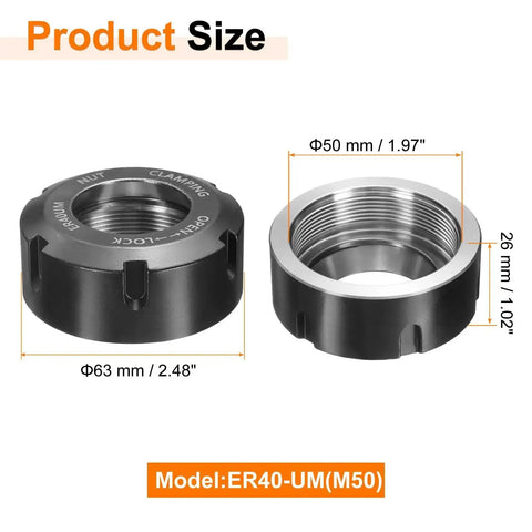 ER40-UM(M50) collet clamping nut with 50mm thread and dynamic balance holes for CNC chucks, made of 40Cr alloy steel, side and top view.
