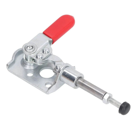 Stainless Steel Push Pull Toggle Clamp With Quick Grip Pro Grade 40Kg Clamping Force, shown angled side view, steel and red handle