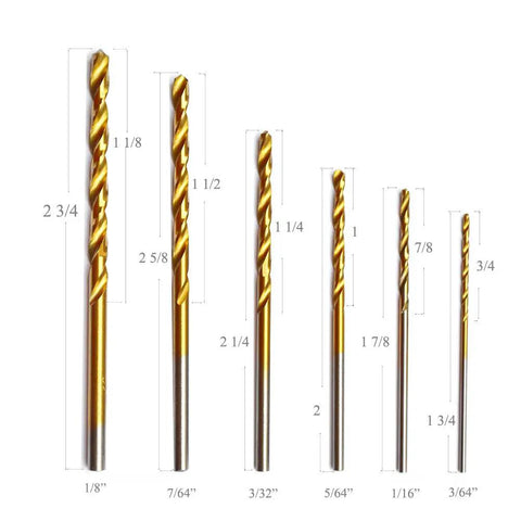 60 Piece Drill Bits Set For Precision Drilling In Steel Wood Plastic Aluminum Alloys With 1/8 Inch 1/16 Inch 3/64 Inch 5/64 Inch 3/32 Inch 7/64 Inch Micro Twist Bits Heavy Duty Pro Grade HSS By Bostal displayed showing various sizes and tin coating.