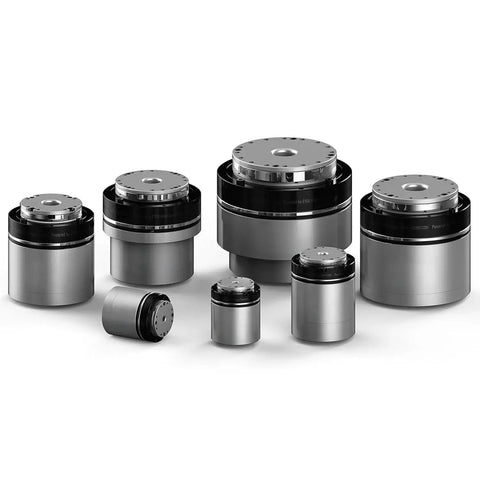 Group of TEN-HIGH hollow harmonic servo motors in varying sizes with silver bodies and black caps for robotic joints