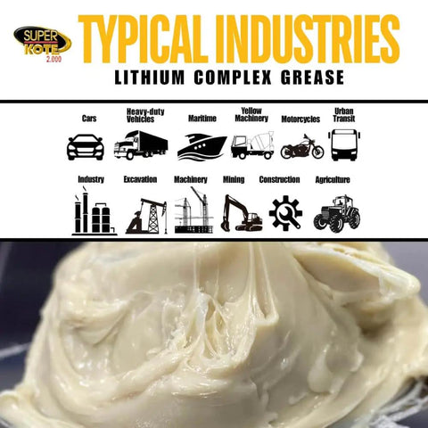 Beefed Up Heavy Duty Lithium Complex Grease NLGI 2 EP Multi Purpose Lubricant shown with icons of typical industry uses.