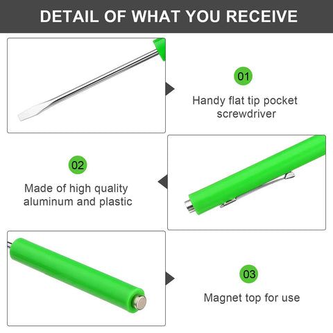 Green magnetic 10-piece pocket screwdriver set detail with flat tip, aluminum and plastic material, showing handy slotted design.