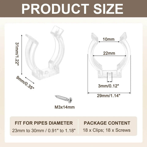 U Clip Tube Light Holder Bracket Set For LED Fluorescent Tubes, dimensions and screw details, clear plastic