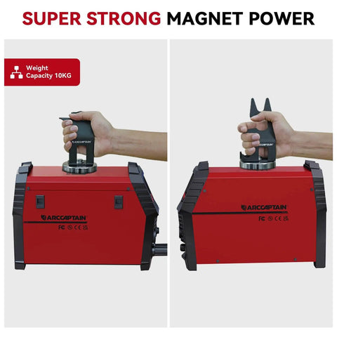 MIG Welding Torch Holder With Magnetic Base For Secure Hands Free Torch Positioning On MIG Gun, side and front view showing magnet strength.