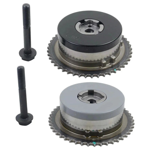 Front view: Pair variable timing camshaft phasers with bolts, black and gray, for GM 2.0L/2.4L engines.