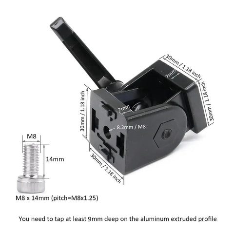 Black 2 Sets 3030 Aluminum Extrusion Pivot Hinge Swivel Degree Angle Bracket With Handle for 30x30 mm extrusions, shown with dimensions.