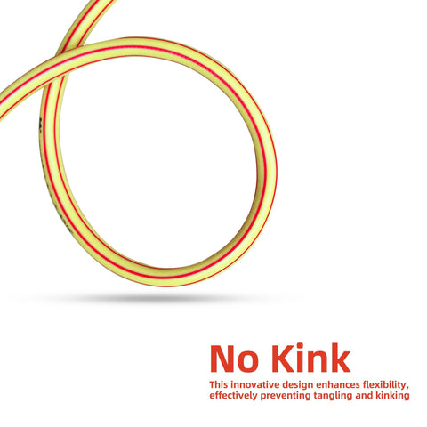 Garden hose coil, yellow with red stripe, no kink