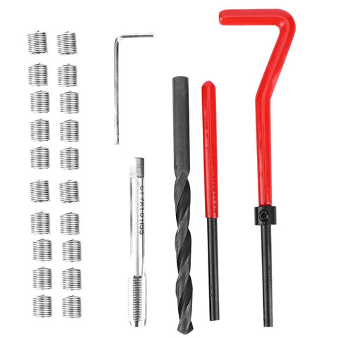 Pro Grade 25 Pack Helicoil Thread Repair Kit In Stainless Steel M7x1.0 For Switches Autos Telecom Gear Heavy Duty Steel Inserts Easy To Install Long Lasting Durability Reliable Field Repair Kit For Quick Fixes showing inserts, taps, drills, and tools.