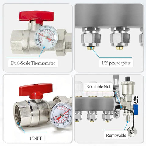 AB 12-loop radiant manifold with red handle, 1/2-inch outlets, 1/2-inch PEX adapters, dual-scale thermometer.