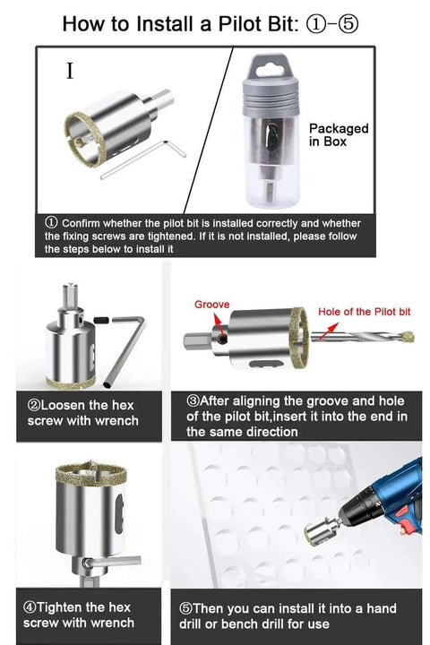 Installation instructions for Pro Grade Two And A Quarter Inch Diamond Hole Saw With Pilot Bit And Diamond Tip Coating For Glass Ceramic Marble Porcelain Tile Granite Quartz For DIYers With Guiding Drill Bit For Precise Cutting By ASNOMY.