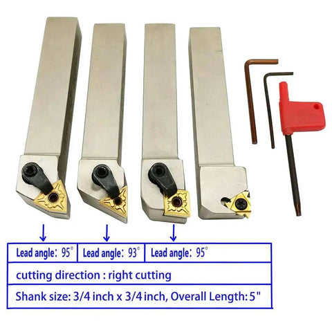 Beefed-Up 3/4 Inch CNC Lathe Tool Holder Set with carbide inserts and wrenches, TiN coated, shank size 3/4 inch x 3/4 inch.