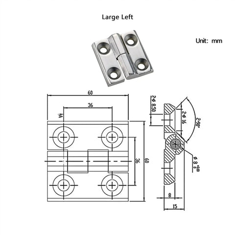 Diagram and image of Heavy Duty Detachable 304 Stainless Steel Hinge For Industrial Machinery And Equipment With Thickened High Load Capacity Polished Large Finish