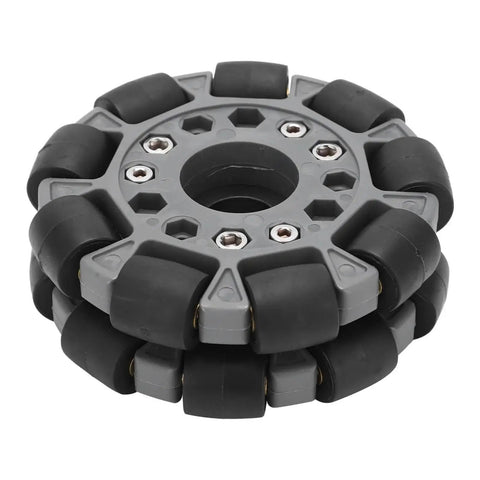 Image of a 100mm Double Omni Directional Plastic Wheel for Robotic Vacuums and Racing Wheel Robots, all terrain wear resistant.