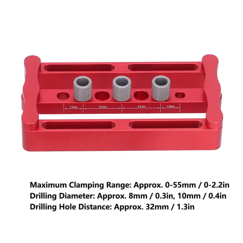 Adjustable Dowel Jig Kit With Precision Drill Bushing, anodized aluminum, shown with three bushings and measurement markings