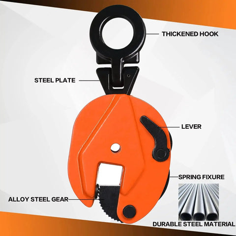 Front view of Plate Lifting Clamp 1 Ton With Point Six Inch Jaw Opening For Steel Plates, highlighting hook and lever.