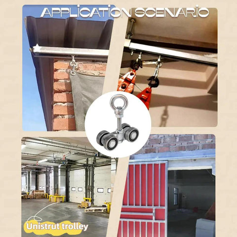 Application scenarios of Four Wheel Unistrut Trolley Rollers Heavy Duty 650 Pound Capacity With M12 Bolt in industrial setting.