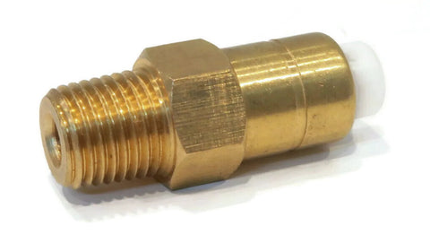 Brass thermal relief valve for pressure washers; side view with threaded inlet, hex nut, and white plastic seal.