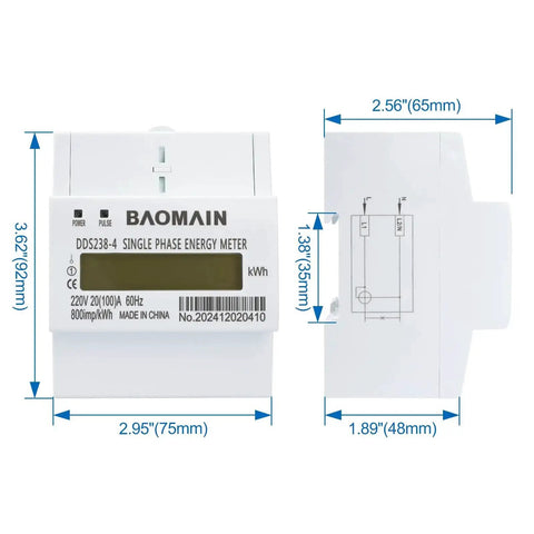 Front and side view of Single Phase KWh Meter For 220V Systems 20A To 100A DIN Rail Power Meter With LCD Display High Accuracy Energy Monitor.
