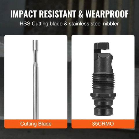 Double Head Sheet Metal Nibbler Cutter Drill Attachment for 360 Degree Metal Cutting showing cutting blade and 35CRMO component.