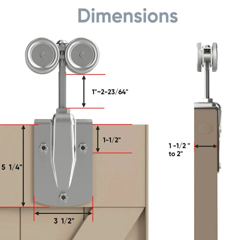 Dimensions and design details of Exterior Sliding Door Hangers and Box Rail Barn Door Hardware Kit in Silver for Outdoor Use