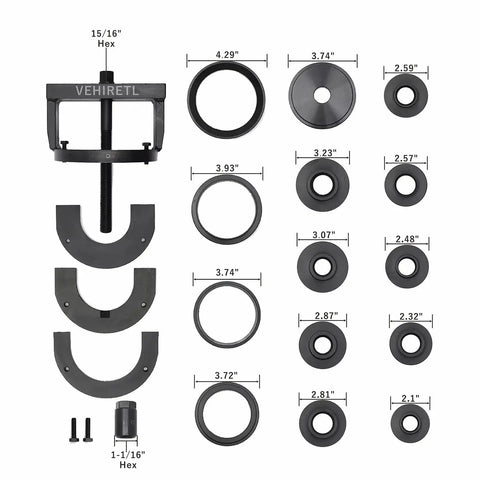 Wheel Bearing Removal And Installation Tool Kit For Front Rear And All Wheel Drive Vehicles with detailed parts layout showing measurements