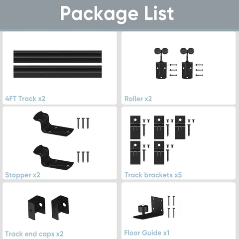 8ft Box Rail Exterior Barn Door Hardware Kit Heavy Duty Black Sliding Track System With Wall Mount Hardware package list components