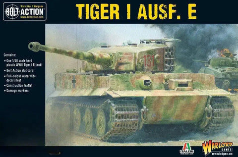 Box cover of Tiger I Ausf E 1 To 56 Scale German Army Plastic Tank Kit for Bolt Action, featuring detailed painted tank illustration.