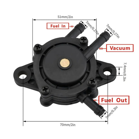Top view of Replacement Fuel Pump Kit For Lawn Mowers And Garden Tractors Fits Briggs And Stratton 597338 808492 Kohler 17Hp To 27Hp Engines with labeled ports.