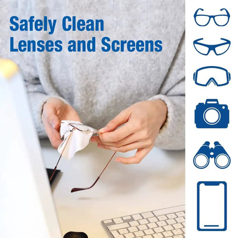 Person using Anti-Fog And Anti-Static Lens Wipes For Glasses In Pre-Moistened Packets to clean eyeglasses at a desk with illustrations.