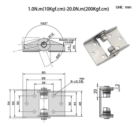 Stainless steel large torque hinge with adjustable damping axis and mounting plate, 1 piece.