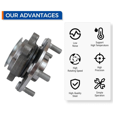 Front Wheel Bearing And Hub Assembly For Nissan Rogue 2008 2013 And Rogue Select 2014 2015 Plus 2008 2012 Sentra 2.5L 4 Cylinder 5 Lug Drop In Fit Premium Replacement For Smooth Quiet Rides next to product feature icons