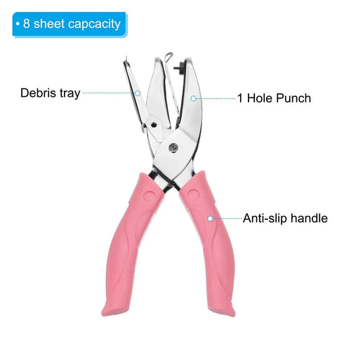 Pink 1/16 Inch Single Hole Punch Handy Handheld Paper Puncher with Soft Grip Ergonomic Design shown with labeled features.