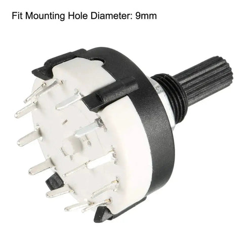 12 Position Rotary Switch Selector 1 Pole 12 Throw Band Channel Single Deck Pack Of 2 For Radio TV And Industrial Control Equipment With 9mm Mounting Hole 13 Pins 6mm Shaft Built To Last, showing side angle with pins and black shaft.