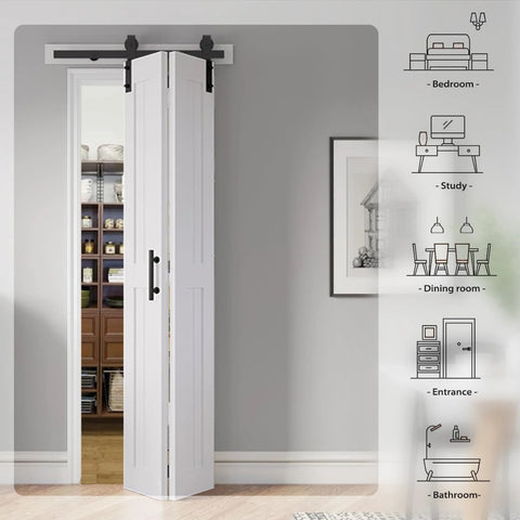 48x84 Inch White Bi Fold Barn Door With Hardware Kit And Handle Double Folding Sliding Door Solid MDF With Waterproof PVC Surface No Assembly Required Space Saving Modern Farmhouse Vibe For Tight Spaces.