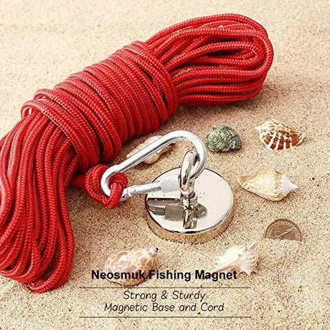 550Lb Heavy Duty Magnetic Fishing Kit With Rope For Salvage And Treasure Hunting on sandy beach with red rope and magnet
