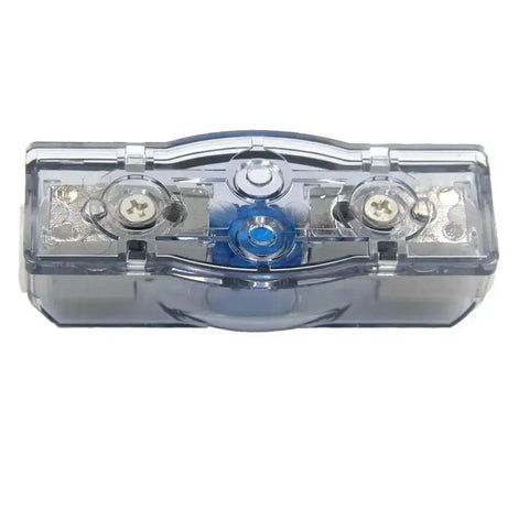 Front view of a 60A Car Audio Power Wire Fuse Holder with 4 Gauge Nickel Plated Connectors, Clear See Through Cover, Heat Resistant Base.